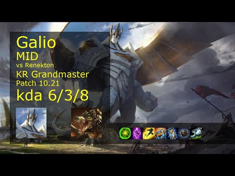 Galio Mid vs Renekton - KR Grandmaster 6/3/8 Patch 10.21 Gameplay // [롤] 갈리오 vs 레넥톤 미드