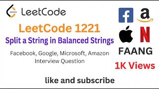 YouTube video 'LeetCode 1221 Split a String in Balanced Strings -Facebook, Google, Amazon, Apple Interview Question'