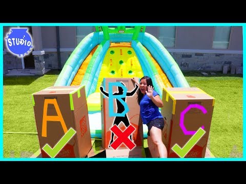 DONT Push the Wrong MYSTERY BOX into the Water of Giant Inflatable Water Slide!!!