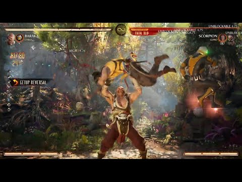 Baraka combos 52% triple Cyrax 41 hits MK1 Mortal Kombat 1 tutorial button inputs on left