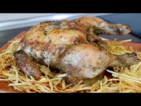 Pollo asado a la cerveza con patatas paja