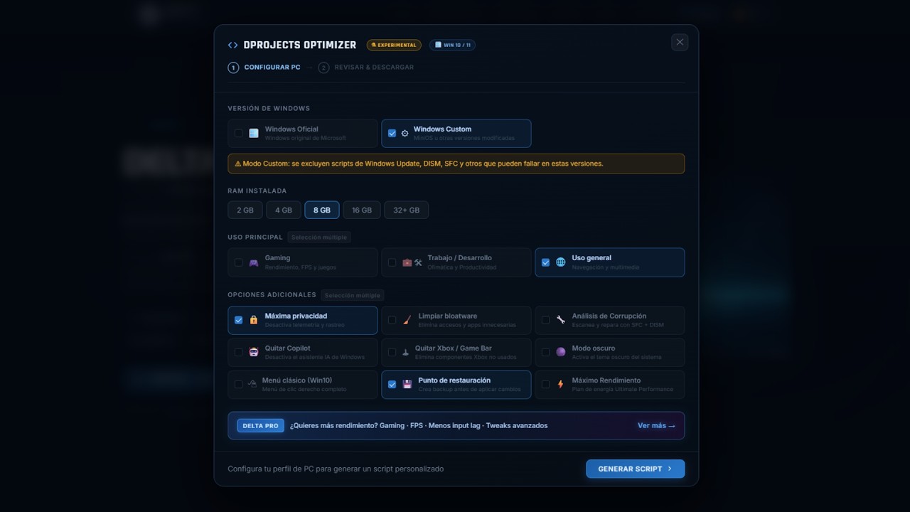 Optimiza Windows en Minutos ⚡ Genera tu Script Personalizado