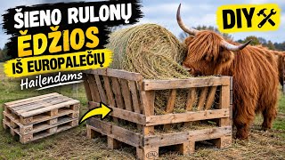 🔨 PASIDARYK PATS! Šieno rulonų ėdžios su stogu iš europalečių hailendams 🐂