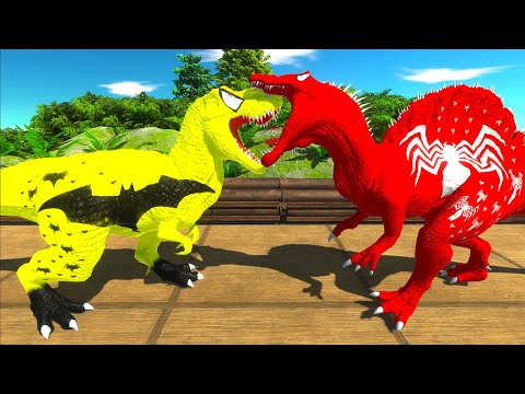 RED SPIDERMAN SPINOSAURUS vs YELLOW BATMAN T-REX DEATH RUN -   Animal Revolt Battle Simulator