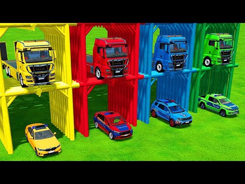 TRANSPORTING SMART, MERCEDES, AUDI, DACIA POLICE CARS INTO GARAGES! - Farming Simulator 22