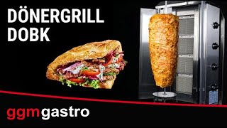 Machine à Kebab / Gril vertical à gaz - sur roulettes - 5 brûleurs - 16.25kW - pour 80kg de viande - livré avec 2 pare-graisses, 2 volets, 1 broche et un bac à graisse