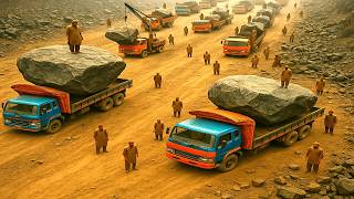 Dangerous Trucks Transport Giant Stones at Pakistani Marble Factory - 