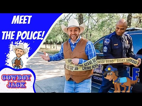 Video thumbnail: man in cowboy vest and hat wrapped with crime-scene tape beside a police officer, with cartoons of a cowboy and a police dog and bold 'Meet the Police!' text on blue background.