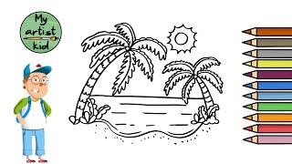 How To Draw a Beach - Easy drawing, painting and coloring for kids
