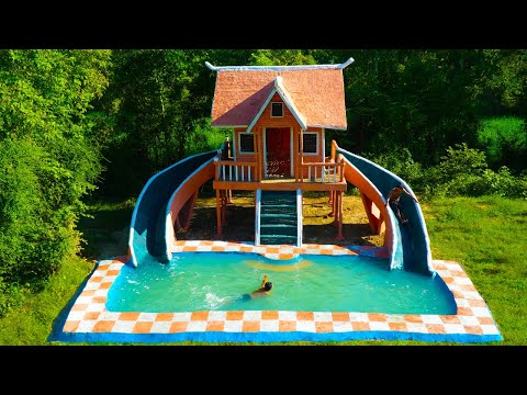 🏡 Build a Swimming Pool for a Bamboo House with Twin Slides 🌊