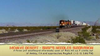 preview picture of video 'Three Trains from the Crossing Near Bagdad, CA'