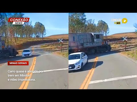 Carro quase é atingido por trem em Minduri e vídeo impressiona.