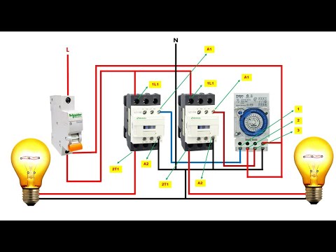 how the Theben SUL 181H timer works with 2 contactors and 2 lamps