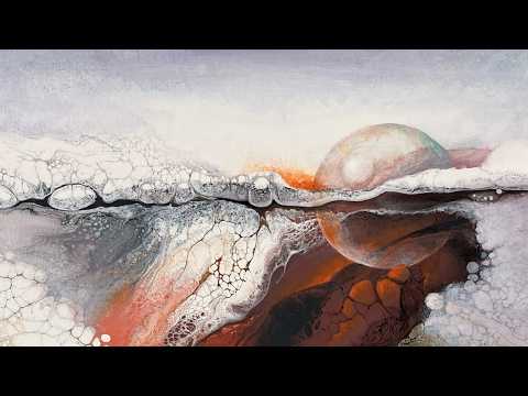 Acrylic pour painting using a hair dryer, featuring mesmerizing pearl cells and intricate lacing.