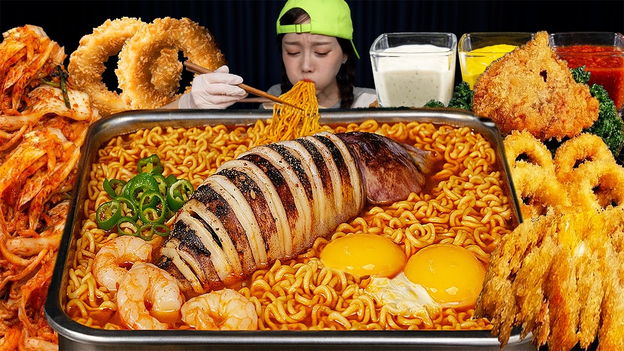 통 오징어 라면 🦑 바삭바삭한 오징어튀김까지 ! 먹방 Whole Squid Ramen & Fried Squid Mukbang ASMR Ssoyoung
