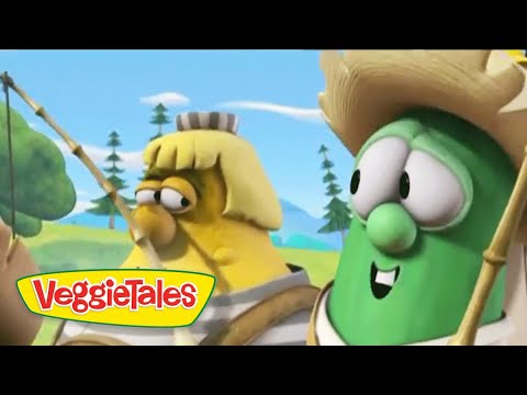 Two animated VeggieTales characters converse in a sunny outdoor scene, with the VeggieTales logo in the lower-left corner.
