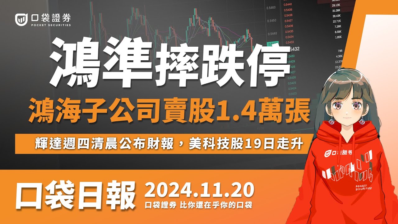 【口袋日報】鴻準(2354)摔跌停,成交量爆量,鴻海子公司處分1.4萬張挹注獲利,輝達(NVDA)週四清晨公布財報,美科技股19日走升!2024.11.20