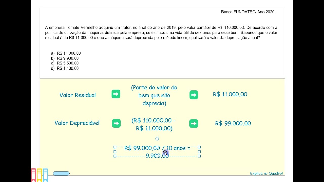 Cálculo da depreciação com valor RESIDUAL (Fundatec 2020)