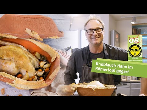Rezeptidee: Knoblauch-Hahn im Römertopf gegart
