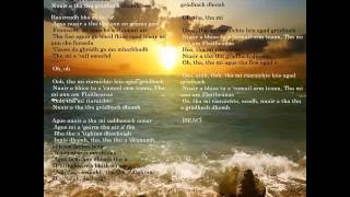 Polly Cutter-I'm Satisfied-Scots Gaelic subtitles shown on picture of ocean at sundown