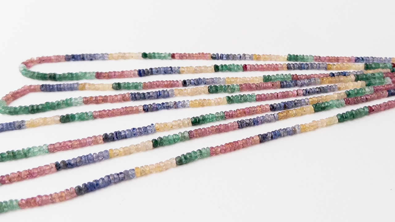 Multi Precious - Ruby, Blue and Yellow Sapphire & Emerald | Faceted Rondelle | 3-3.6mm Bead Size | 42cm Strand Length | 44 Carats video