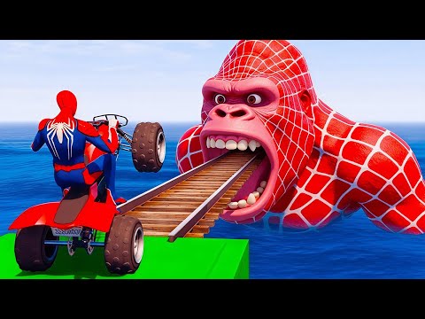 GTA 5 Spider-Man Rainbow Ramp Escape! Mega Shark Attack