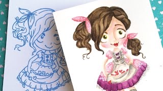 No-Line Watercoloring Dollie with Hearts