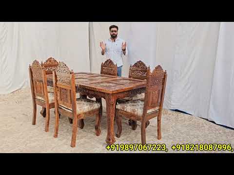 6 seater marble top antique sheesham wood dining set
