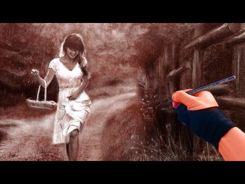 Autumn Path Portrait – Elegant Maiden Charcoal Drawing