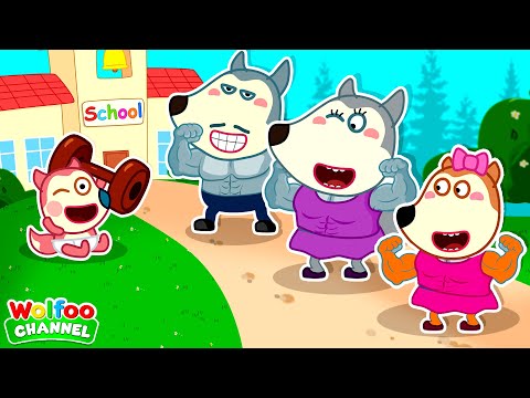 Baby Wolfo Pretends to Play Muscle School with Family 💪🤩 - Kids Stories about Family @CuteWolfVideos