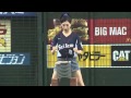 Rina Takeda smashes blocks with head, throws out first pitch