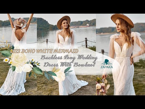 Zapaka Women Boho Wedding Dress Ivory Mermaid Lace Sweep Train Beach Bridal Dress With Bowknots
