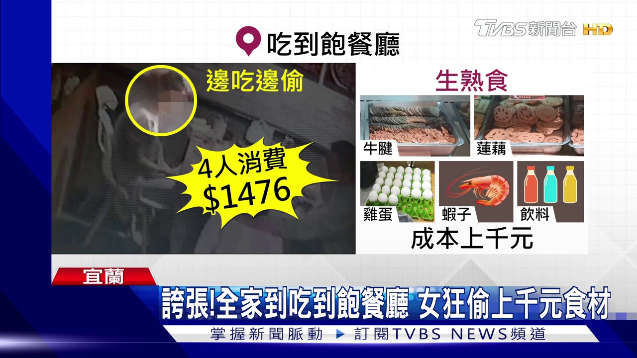 誇張！全家到吃到飽餐廳　女狂偷上千元食材