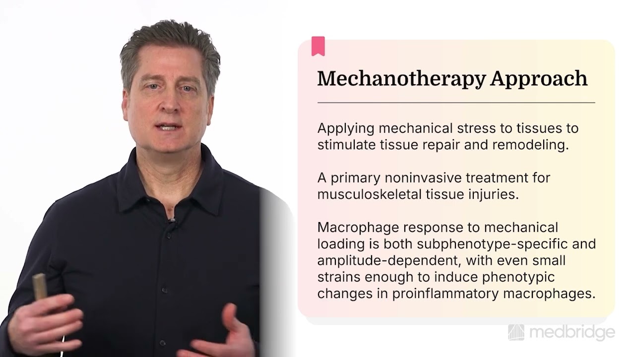 A man stands by a screen showing mechanotherapy details and digital healthcare advances, referencing medbridge.