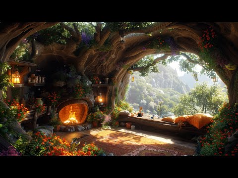 Cozy Hobbit TreeHouse in Whisper Forest | Magical Fantasy Music & Fire Ambience ~ Relax, Study, Work