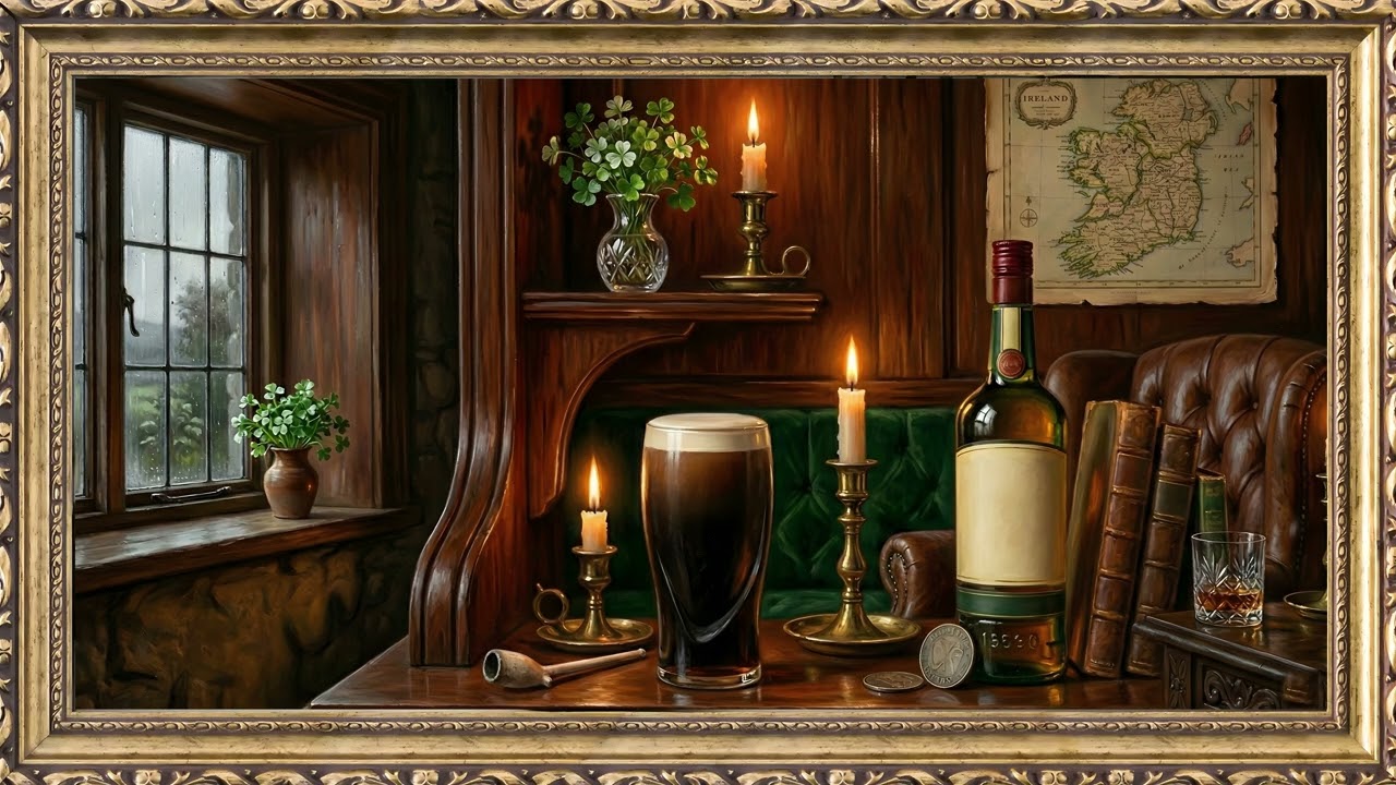 St Patricks Irish Pub Candlelight - Old Money Evening - 4K Art — 4K ambient art screensaver in baroque gold frame