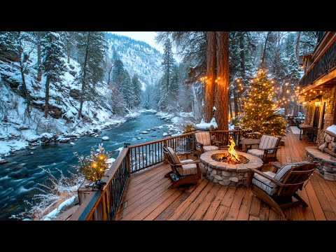 Cozy Christmas Winter River Cabin Porch | Campfire & Nature Sounds