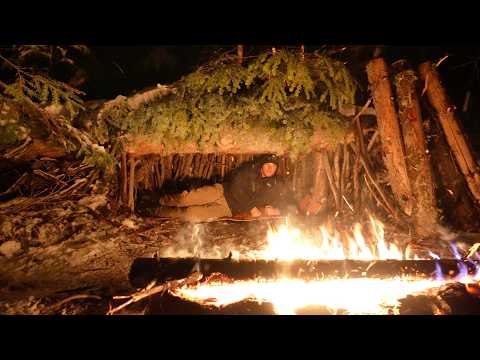 Winter Survival Shelter In Heavy Snowfall (No Sleeping Bag)