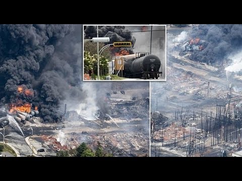 Canadian town center 'wiped out' as freight train carrying hundreds of tons of crude oil derailed.