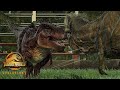 REXY Dominion VS TARBOSAURUS Camp Cretaceous During A Storm Jurassic World Evolution 2