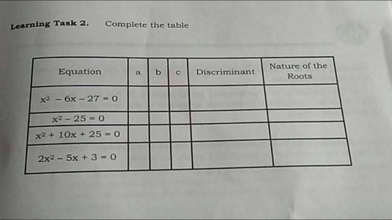 Putar video G9: Week 2: Learning Task 2: Complete the table below ( Nature of the roots) sekarang G9: Week 2: Learning Task 2: Complete the table below ( Nature of the roots)