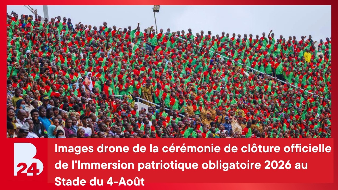 Images drone de la cérémonie de clôture de l'Immersion patriotique obligatoire 2026 à Ouagadougou