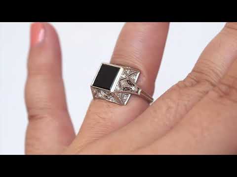 Circa 1930 Art Deco Platinum .40cttw Old European Brilliant Diamond Onyx Engagement Ring - VEG#1655