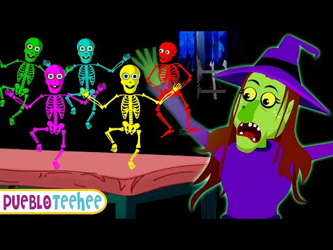 Cinco esqueletos divertidos saltando en la cama 💀| Canciones divertidas de Halloween | Pueblo Teehee