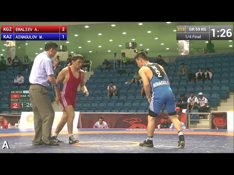 1/4 GR - 59 kg: A. ERALIEV (KGZ) df. M. AINAGULOV (KAZ), 2-1