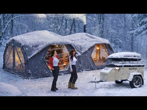CAMPING IN THE SNOW WITH MY BEST FRIEND IN TWO LARGE LUXURY INFLATABLE TENTS 🌨
