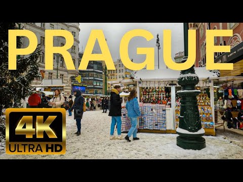 A snow walk in Prague [4K].  Republic Square, Wenceslas Square, Old Town Square.