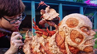 Wood Carving: TANJIRO destroyed COLOSSAL TITAN by Sun Breathing- Demon Slayer vs Attack on Titan