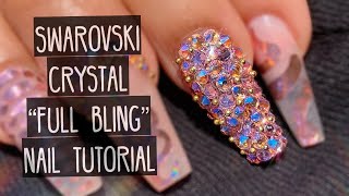 Full Swarovski Bling Nail with Gold Beading | Holographic Rose Snake Nails