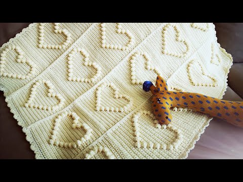 Part #1 Heart Baby Blanket Crochet, Bobble Stitch, Herz Babydecke Häkeln
